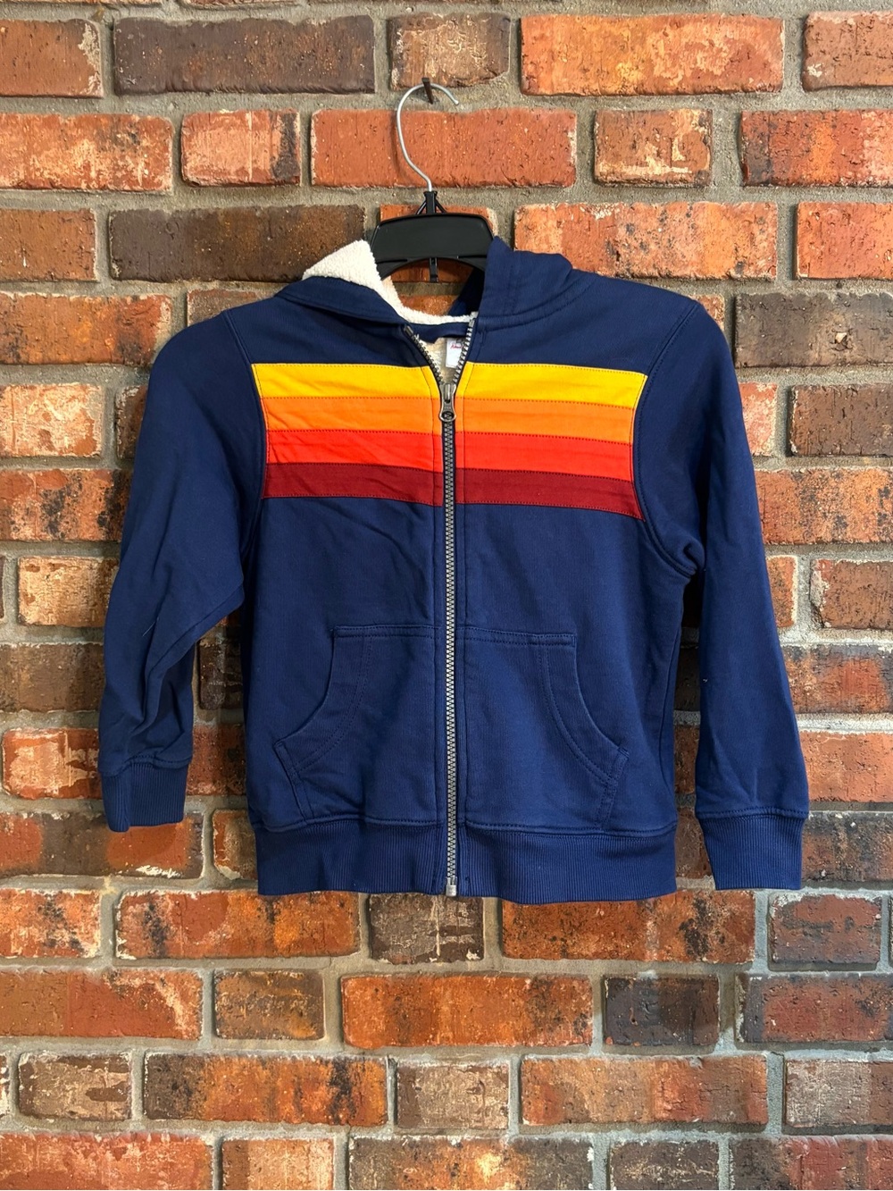 Hanna Andersson kids faux shearling rainbow stripe retro hoodie navy 5